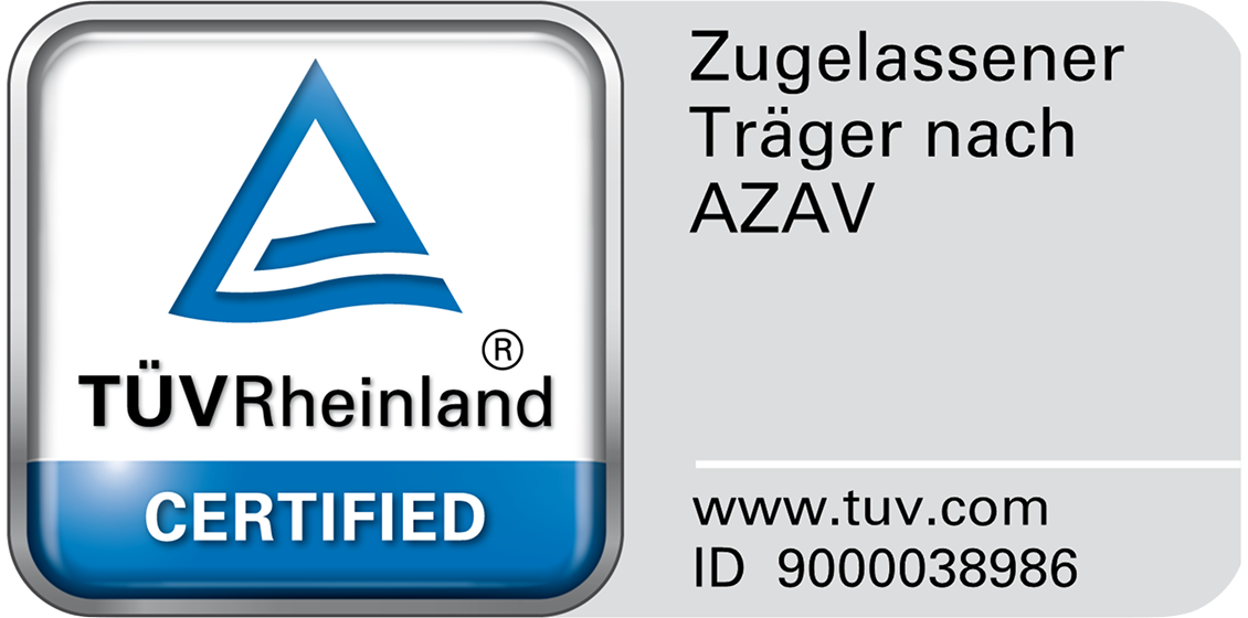 TÜV Rheinland zertifiziert nach AZAV mit ID 9000038986 und Website www.tuv.com