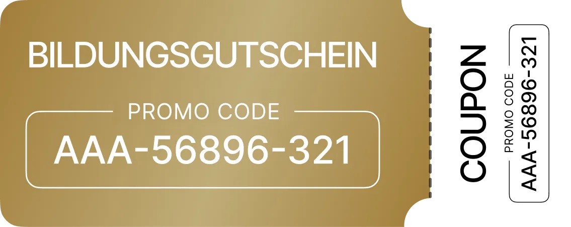 Bildungsgutschein mit dem Promo-Code AAA-56896-321 auf goldfarbenem Hintergrund.